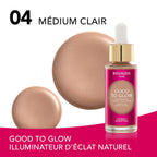 Refect Beauty Bourjois Good to Glow highlighter in shade 04 Medium Clair with a luminous liquid swatch