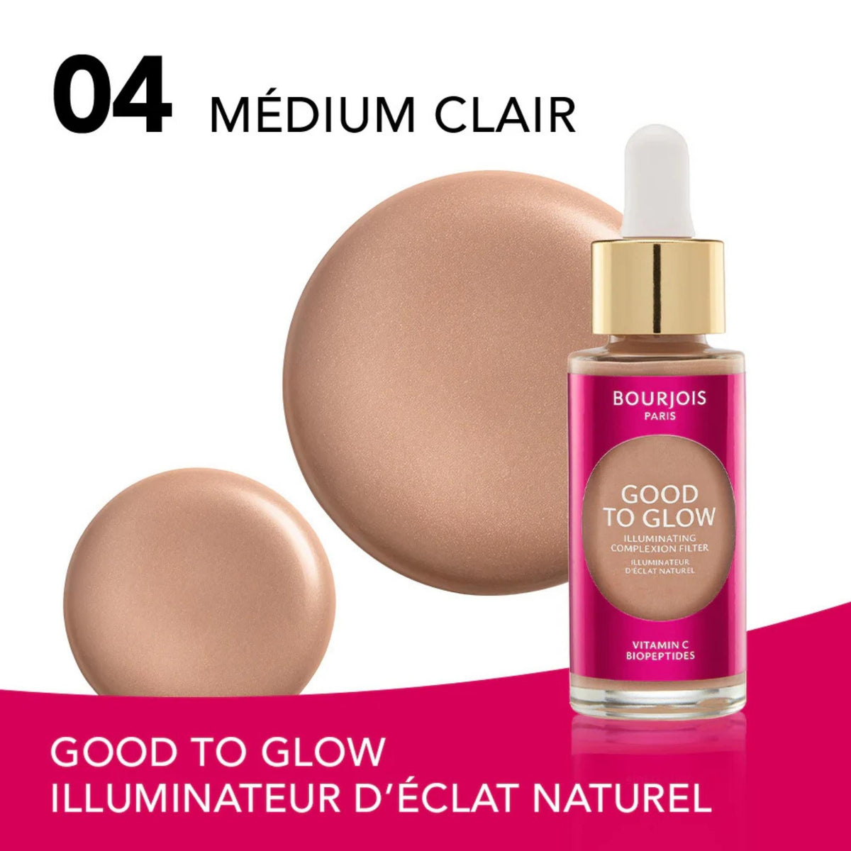 Refect Beauty Bourjois Good to Glow highlighter in shade 04 Medium Clair with a luminous liquid swatch
