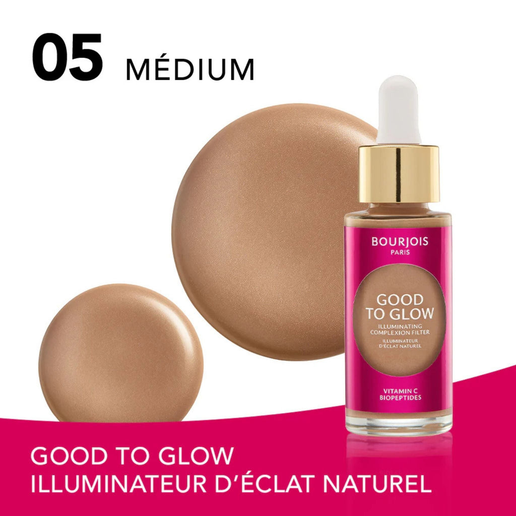 Refect Beauty Bourjois Good to Glow medium shade highlighter with dropper bottle and liquid swatch