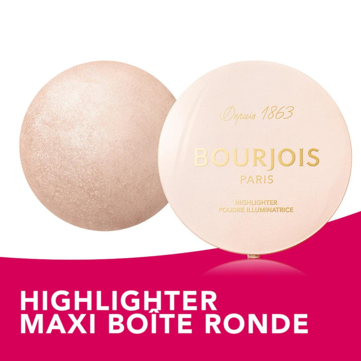 Refect Beauty Bourjois Maxi Round Pot Highlighter in a luminous champagne pressed powder compact