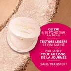 Refect Beauty Bourjois Maxi Round Pot Highlighter in a compact case with a shimmering powder swatch on a gold background