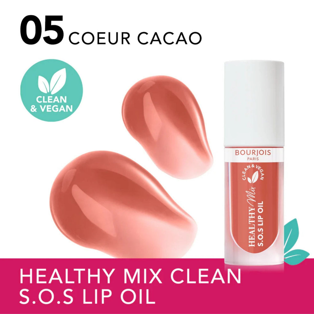 Refect Beauty Bourjois Healthy Mix SOS Lip Oil in Coeur Cacao shade with glossy texture swatches and vegan label