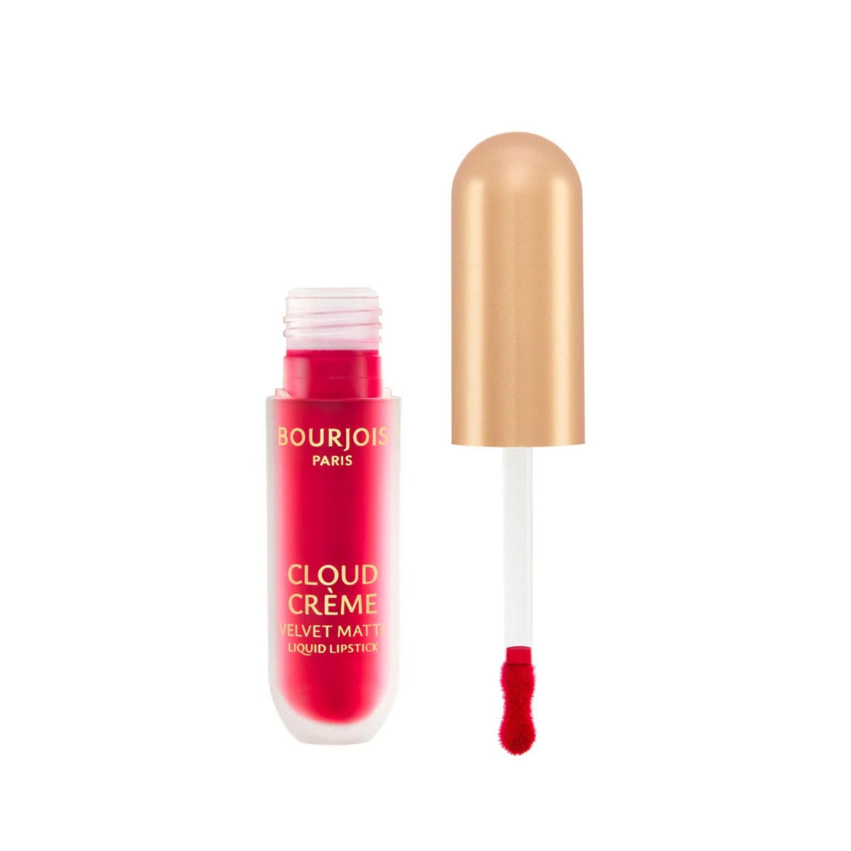 Refect Beauty Bourjois Cloud Crème liquid lipstick in a vibrant pink shade with a gold cap and applicator wand
