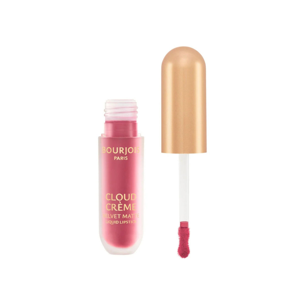 Refect Beauty Bourjois Cloud Crème liquid lipstick in a soft pink shade with a gold cap and doe-foot applicator.