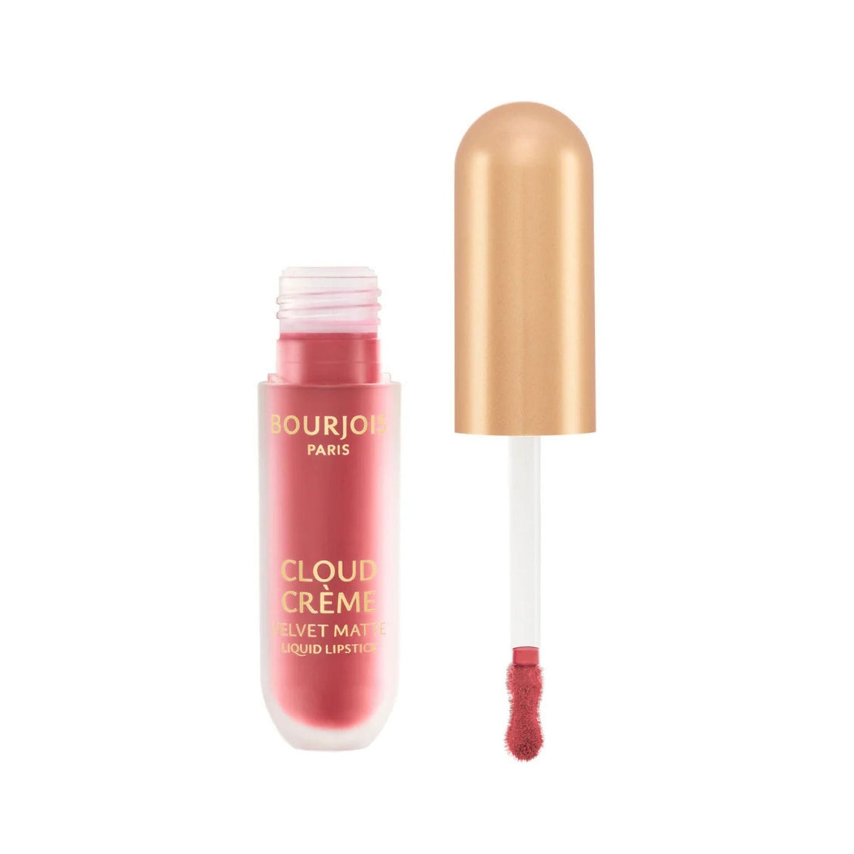 Refect Beauty Bourjois Cloud Crème liquid lipstick in a pink shade with a gold cap and doe-foot applicator