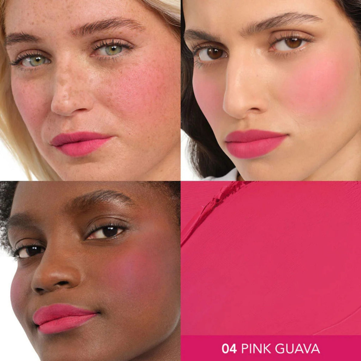 Refect Beauty Bourjois Macaron Melt blush in Pink Guava worn on cheeks and lips by three diverse models