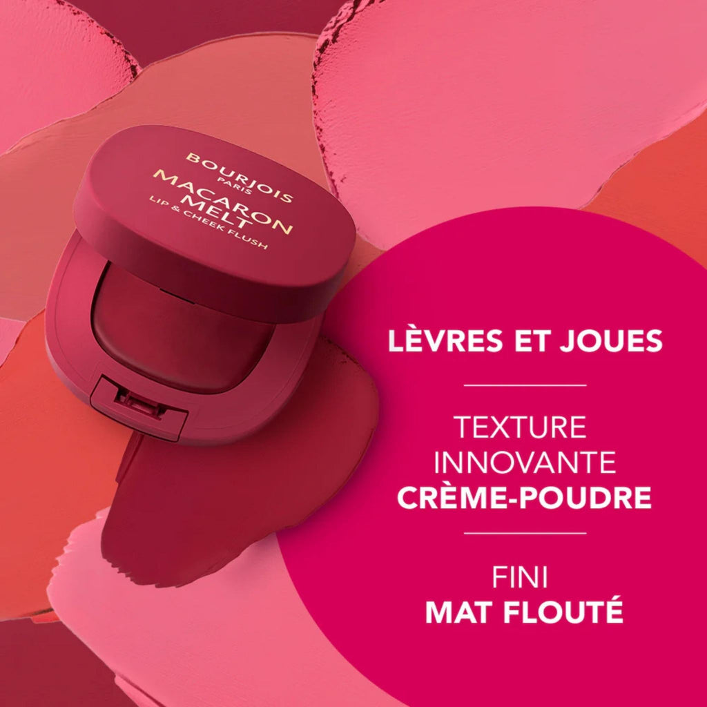 Refect Beauty Bourjois Macaron Melt cream-to-powder blush for lips and cheeks in a vibrant pink matte finish