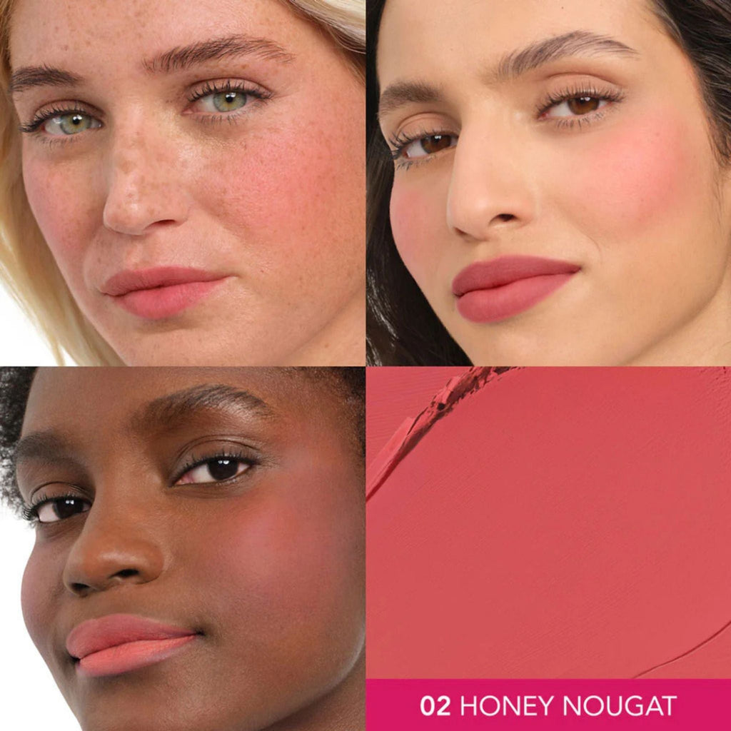 Refect Beauty Bourjois Macaron Melt blush in Honey Nougat shade applied to cheeks and lips on diverse models