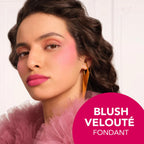 Refect Beauty model wearing Bourjois Macaron Melt cream-to-powder blush on cheeks and lips for a soft matte finish