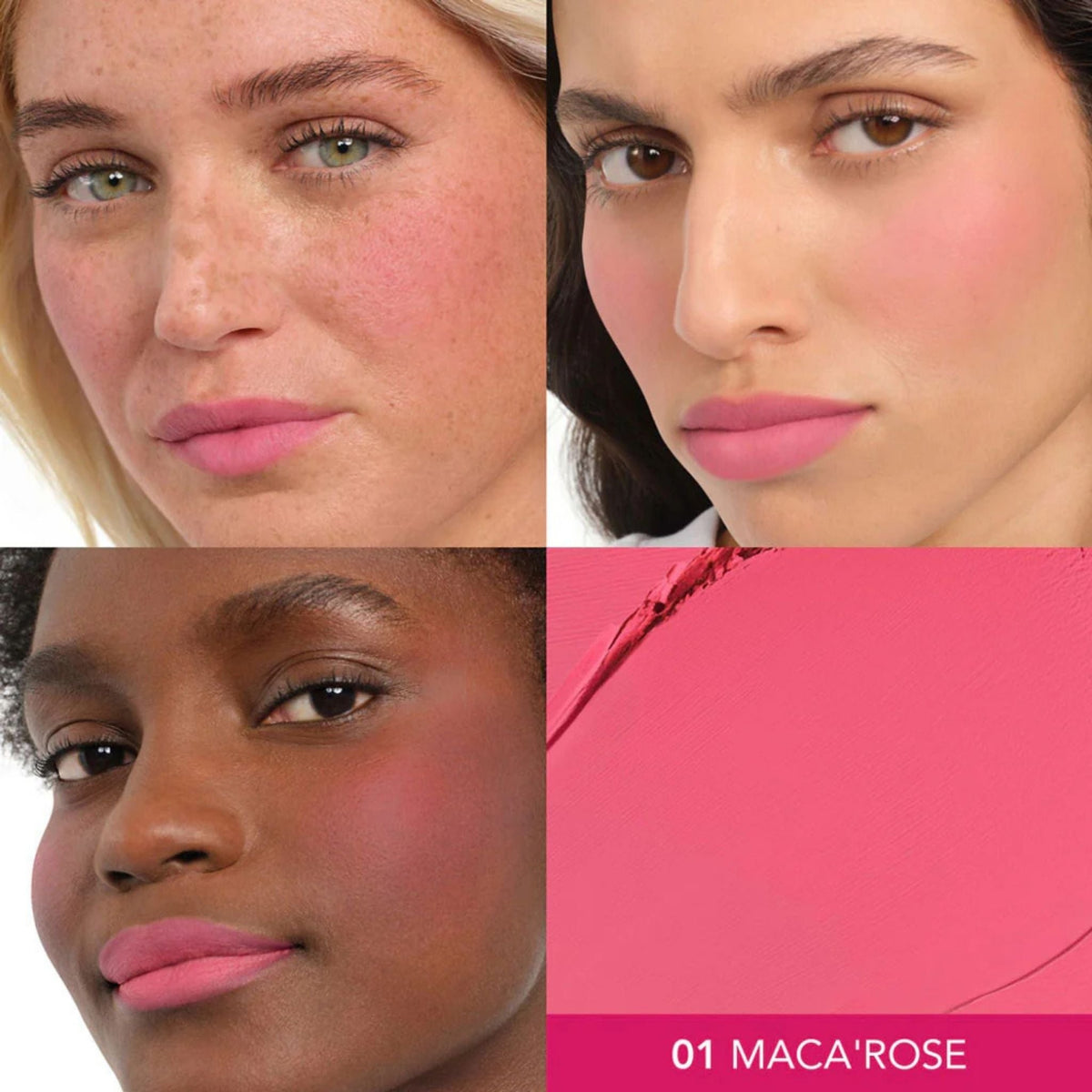 Refect Beauty Bourjois Macaron Melt blush in 01 Maca'Rose applied to cheeks and lips on diverse skin tones