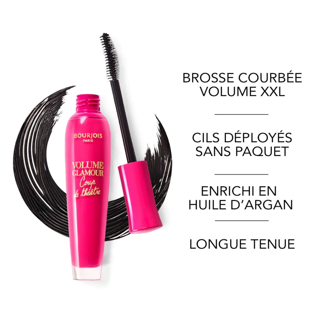 Refect Beauty Bourjois Volume Glamour Coup de Théâtre mascara in a bright pink tube with a curved volumizing brush.