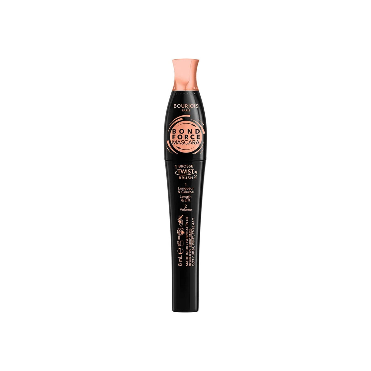 Refect Beauty Bourjois Twist-Up The Volume Bond Force Mascara in a black tube with a rose gold twist cap.