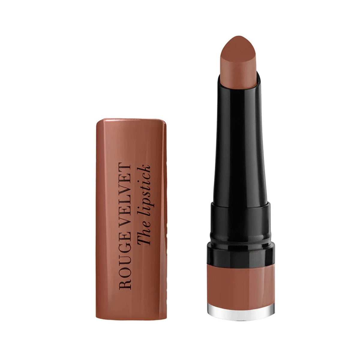 Refect Beauty Bourjois Rouge Velvet The Lipstick in a warm brown matte shade with a teardrop-shaped applicator.
