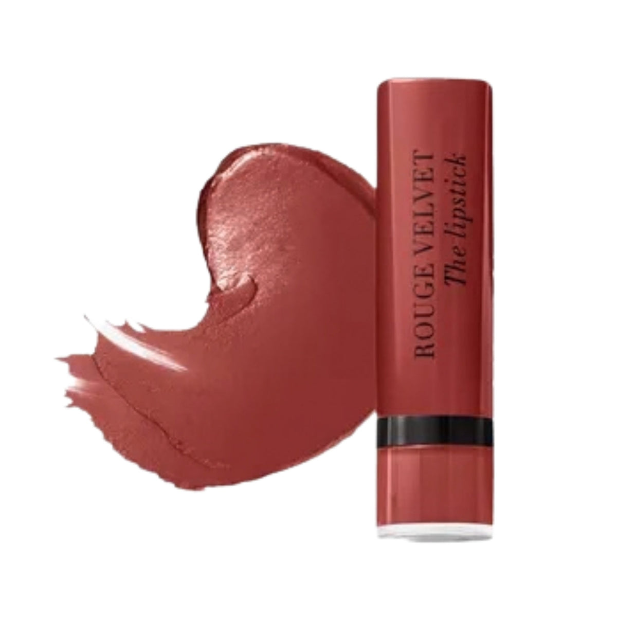 Refect Beauty Bourjois Rouge Velvet The Lipstick in a deep red shade with a creamy matte swatch