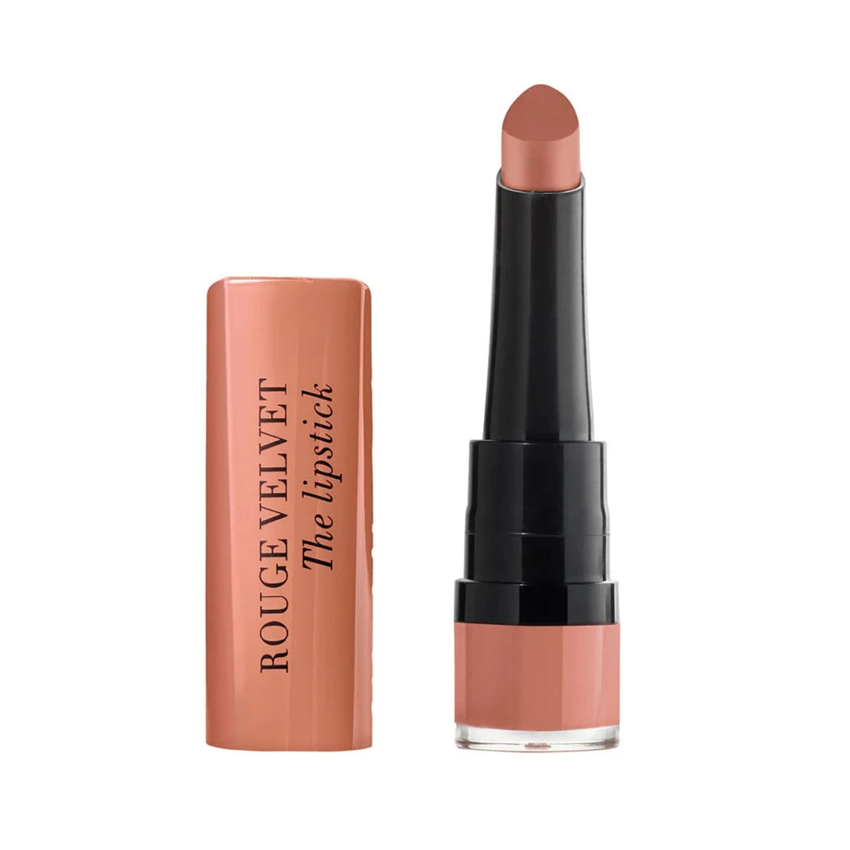 Refect Beauty Bourjois Rouge Velvet The Lipstick in a nude matte shade with a teardrop applicator and matching cap.