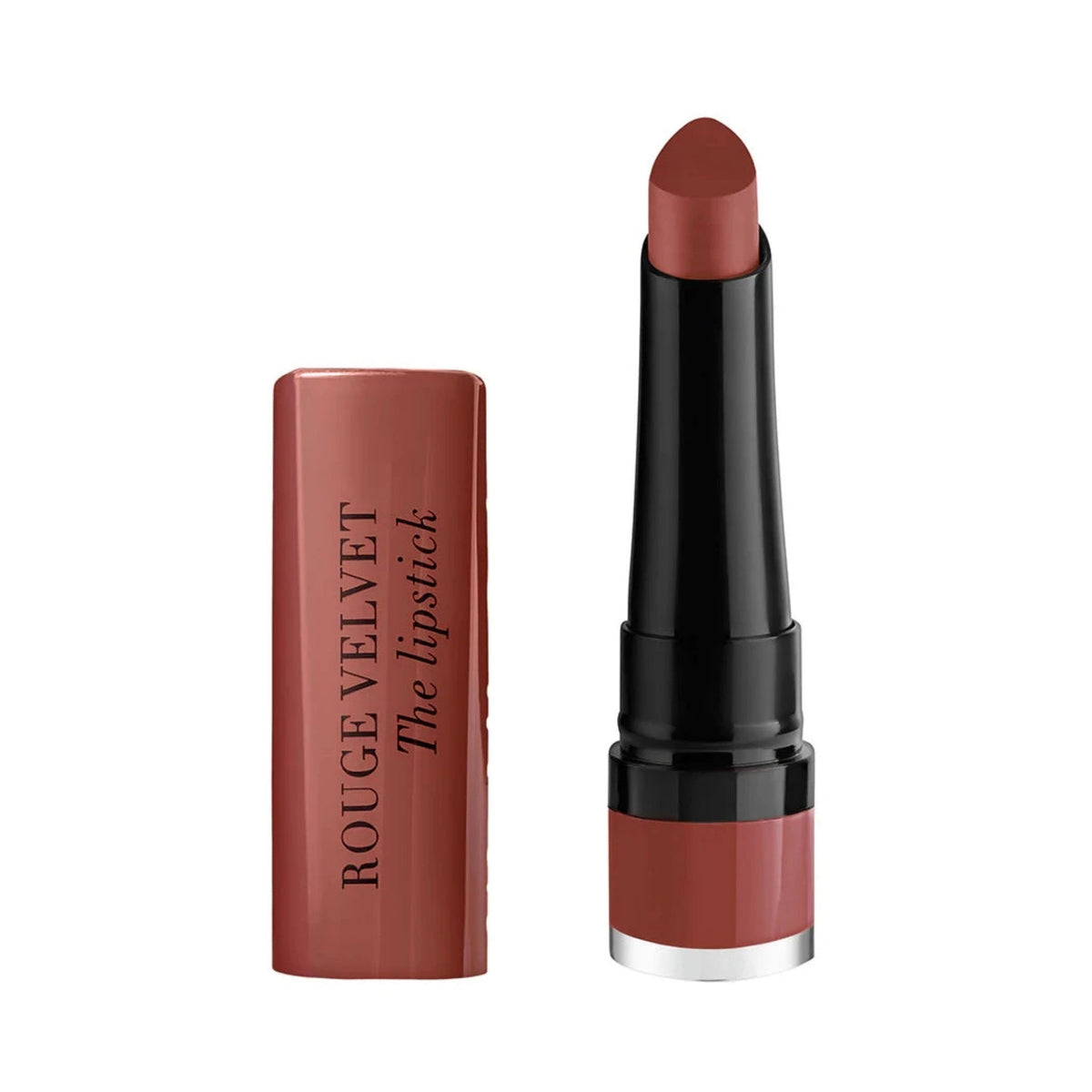 Refect Beauty Bourjois Rouge Velvet The Lipstick in a warm terracotta matte shade with a teardrop-shaped applicator.