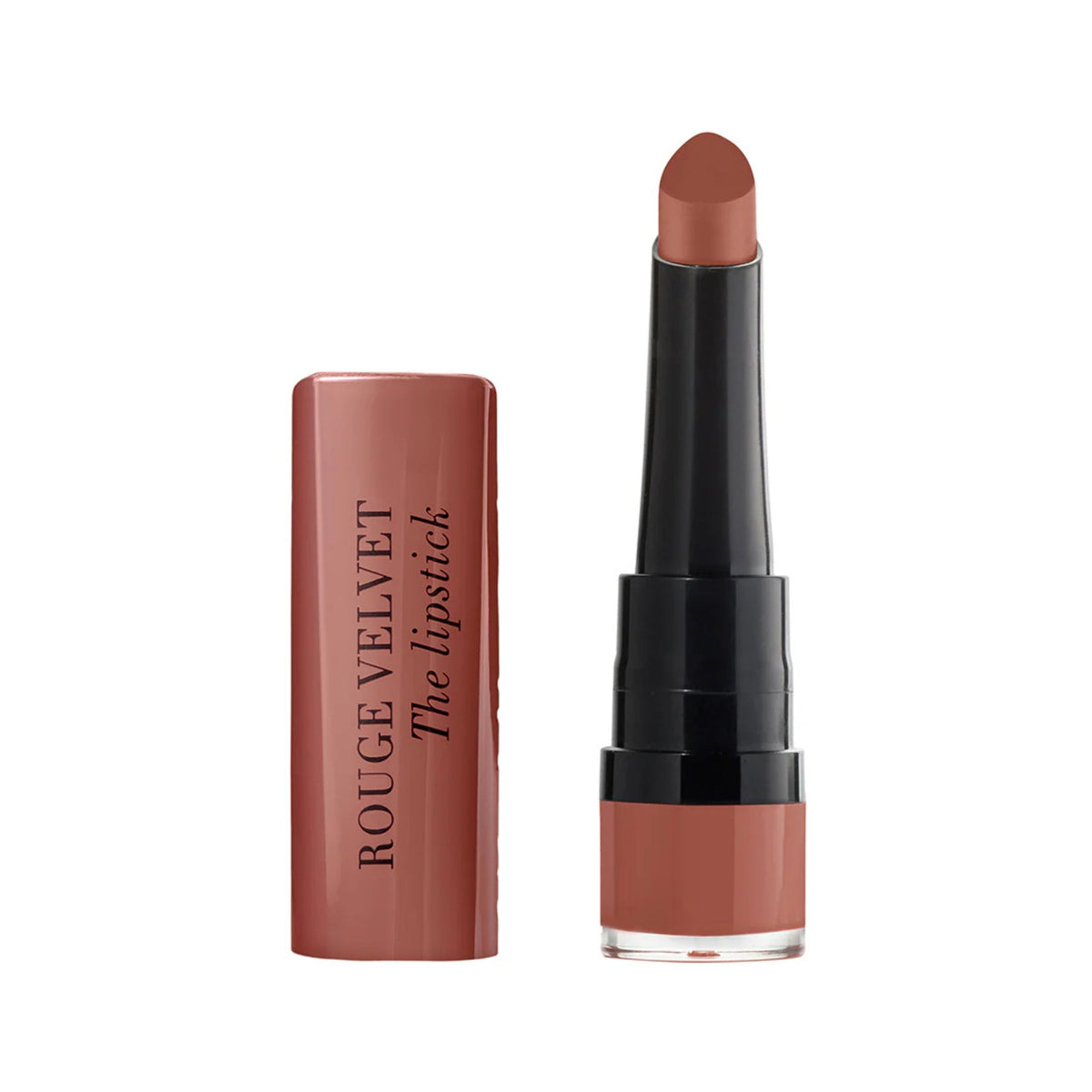 Refect Beauty Bourjois Rouge Velvet The Lipstick in a muted rose shade with a teardrop-shaped matte bullet applicator.