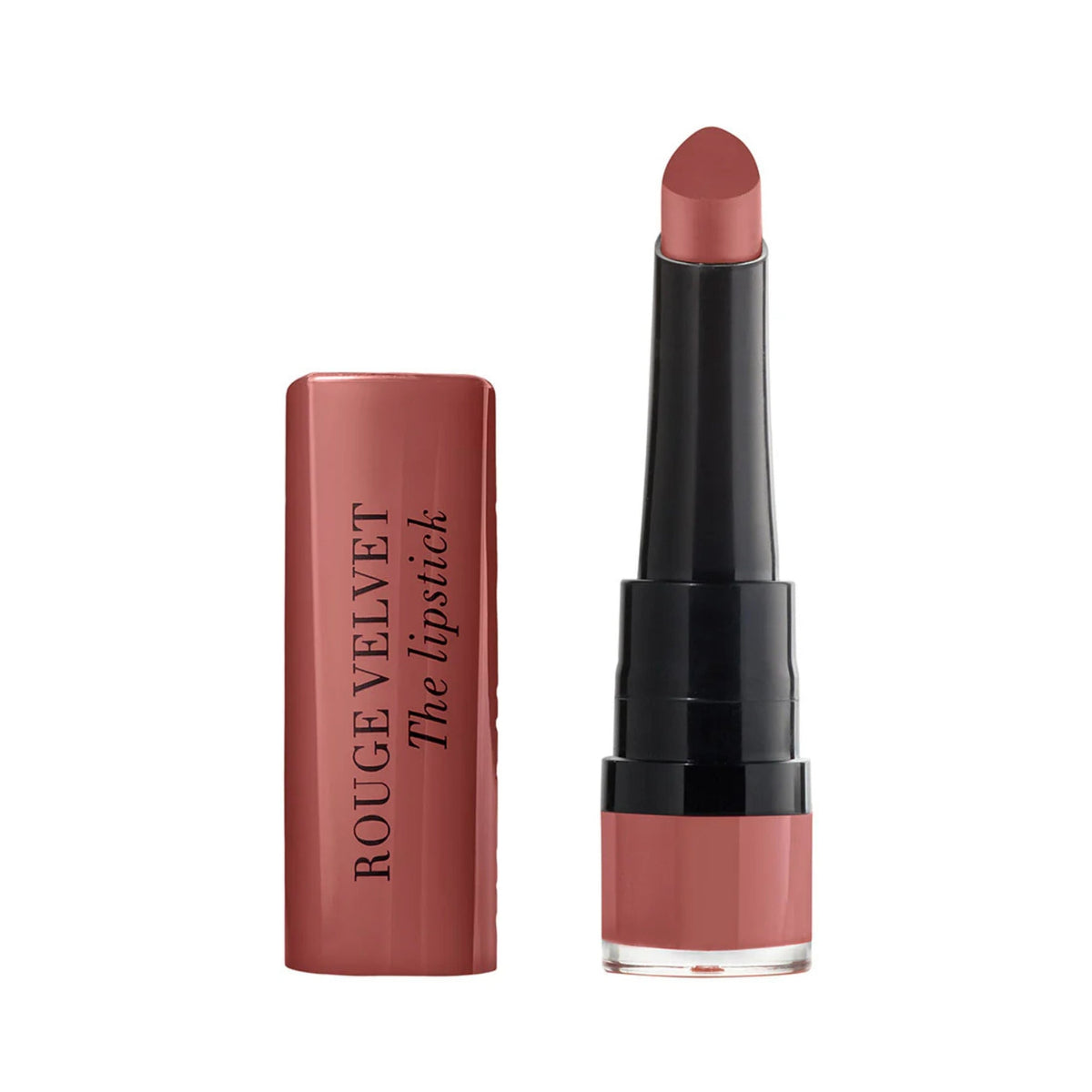 Refect Beauty Bourjois Rouge Velvet matte lipstick in a dusty rose shade with a teardrop applicator and matching cap.