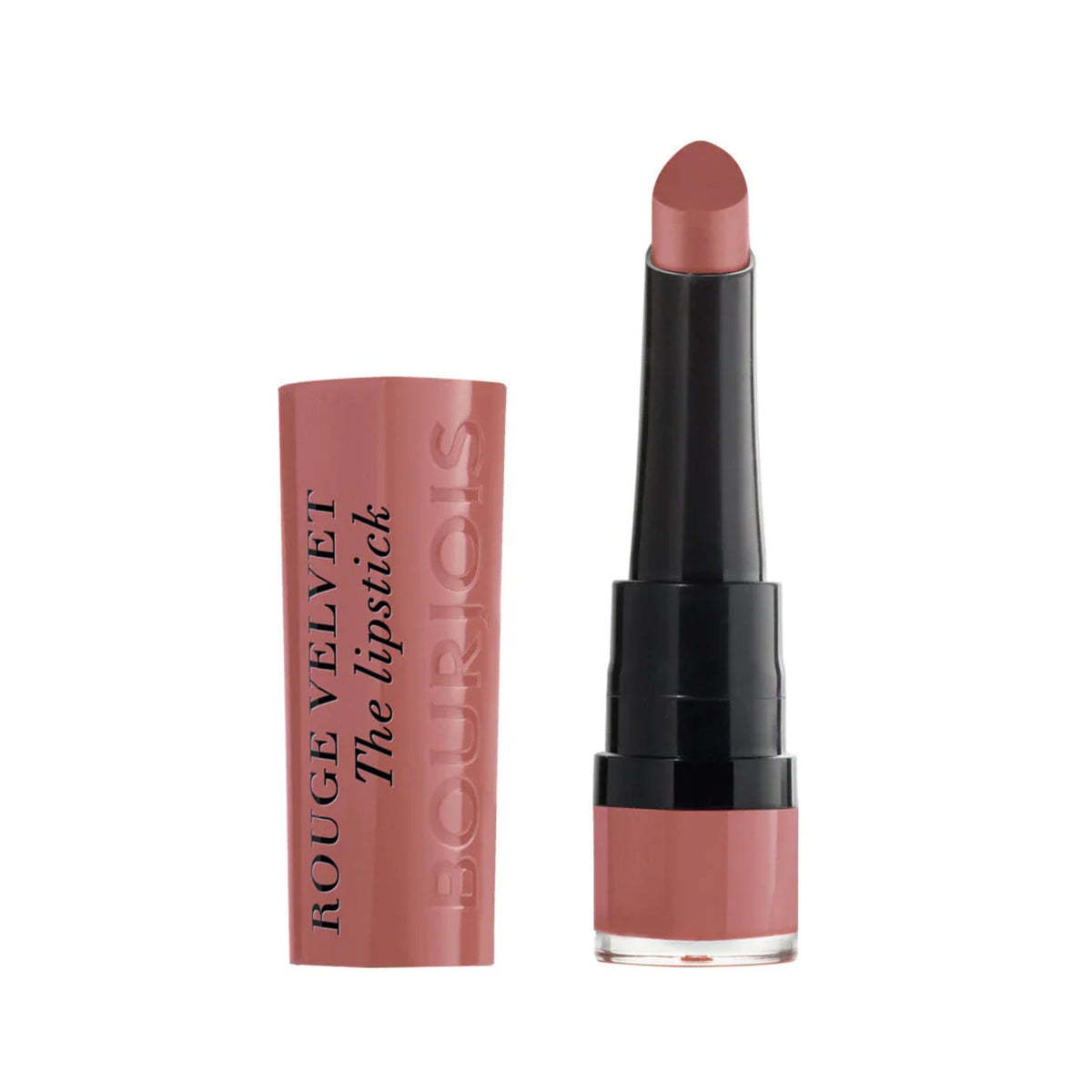 Refect Beauty Bourjois Rouge Velvet The Lipstick in a dusty rose matte shade with a teardrop shaped applicator