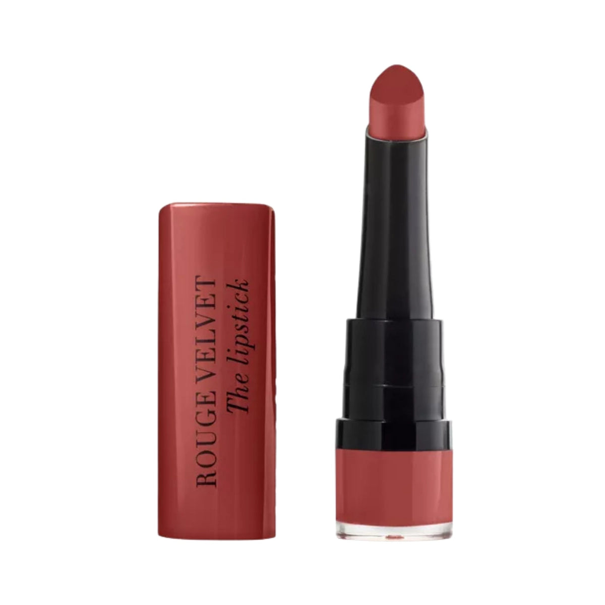 Refect Beauty Bourjois Rouge Velvet The Lipstick in a deep red matte shade with a teardrop-shaped applicator tip.