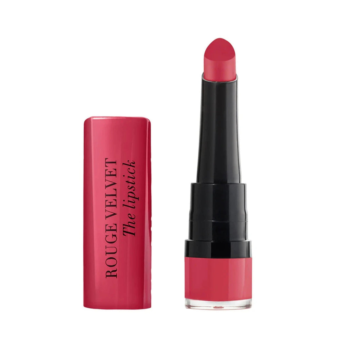 Refect Beauty Bourjois Rouge Velvet The Lipstick in a vibrant matte red with a teardrop applicator and matching cap.
