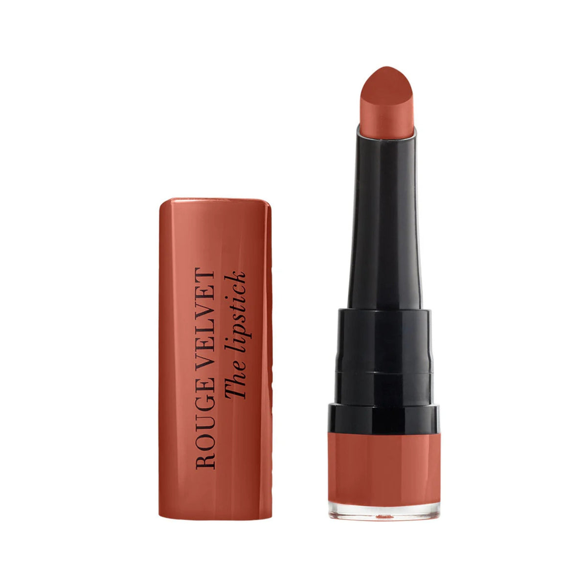 Refect Beauty Bourjois Rouge Velvet The Lipstick in a warm terracotta matte shade with a precise teardrop applicator.