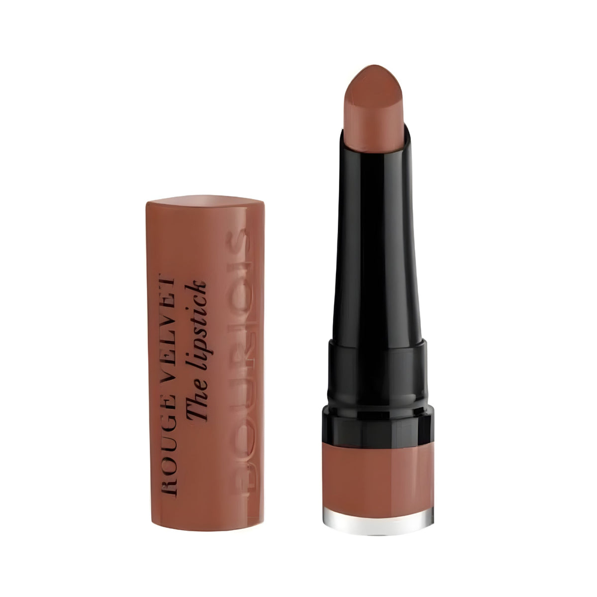 Refect Beauty Bourjois Rouge Velvet matte lipstick in a warm nude shade with a teardrop applicator and matching cap.