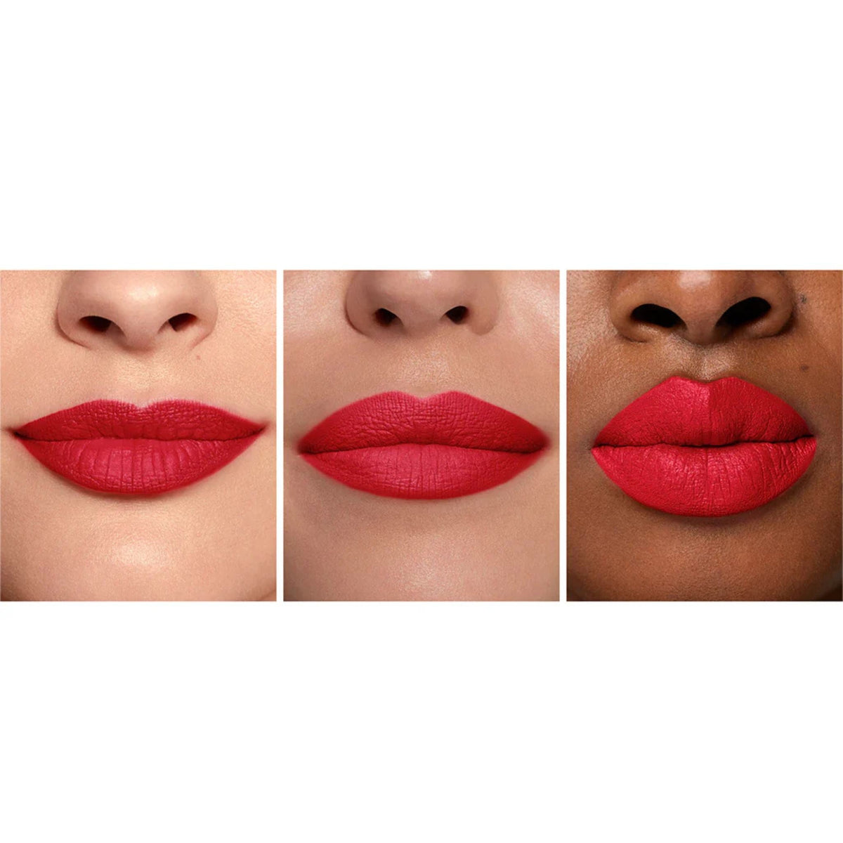 Refect Beauty Bourjois Velvet The Pencil matte red lipstick shown on three different skin tones for full coverage