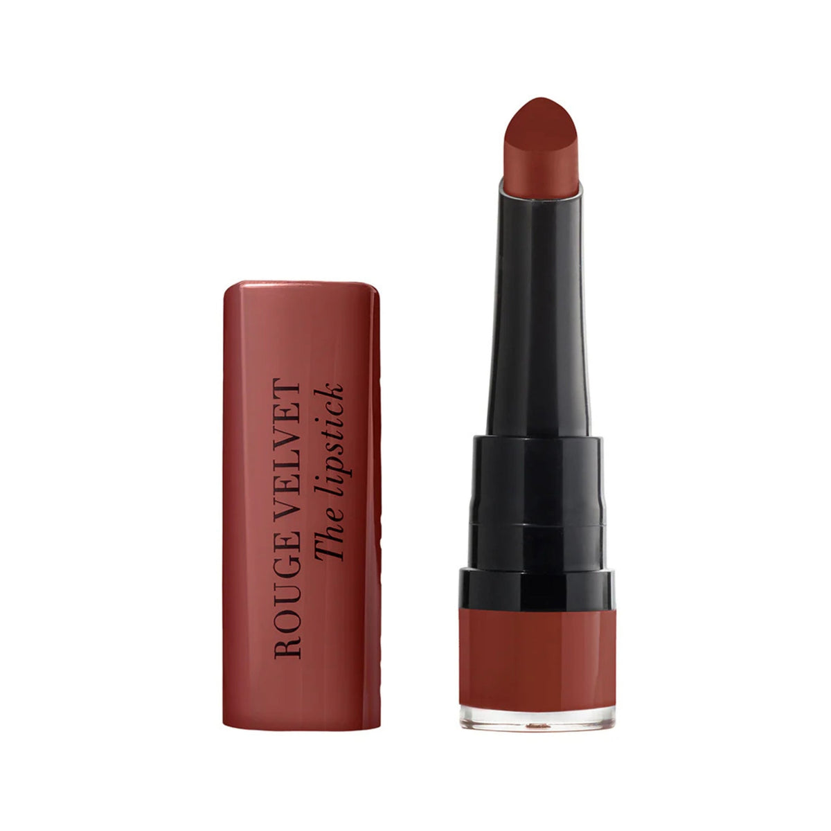 Refect Beauty Bourjois Rouge Velvet The Lipstick in a deep red matte shade with a teardrop applicator tip