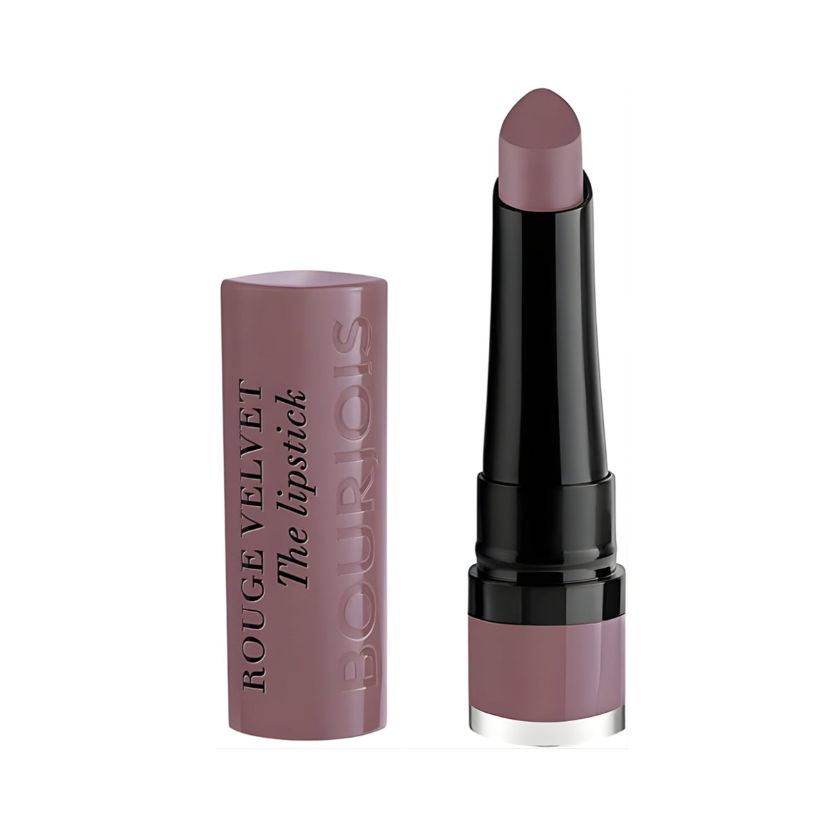 Refect Beauty Bourjois Rouge Velvet The Lipstick in a muted mauve shade with a precise teardrop-shaped applicator.