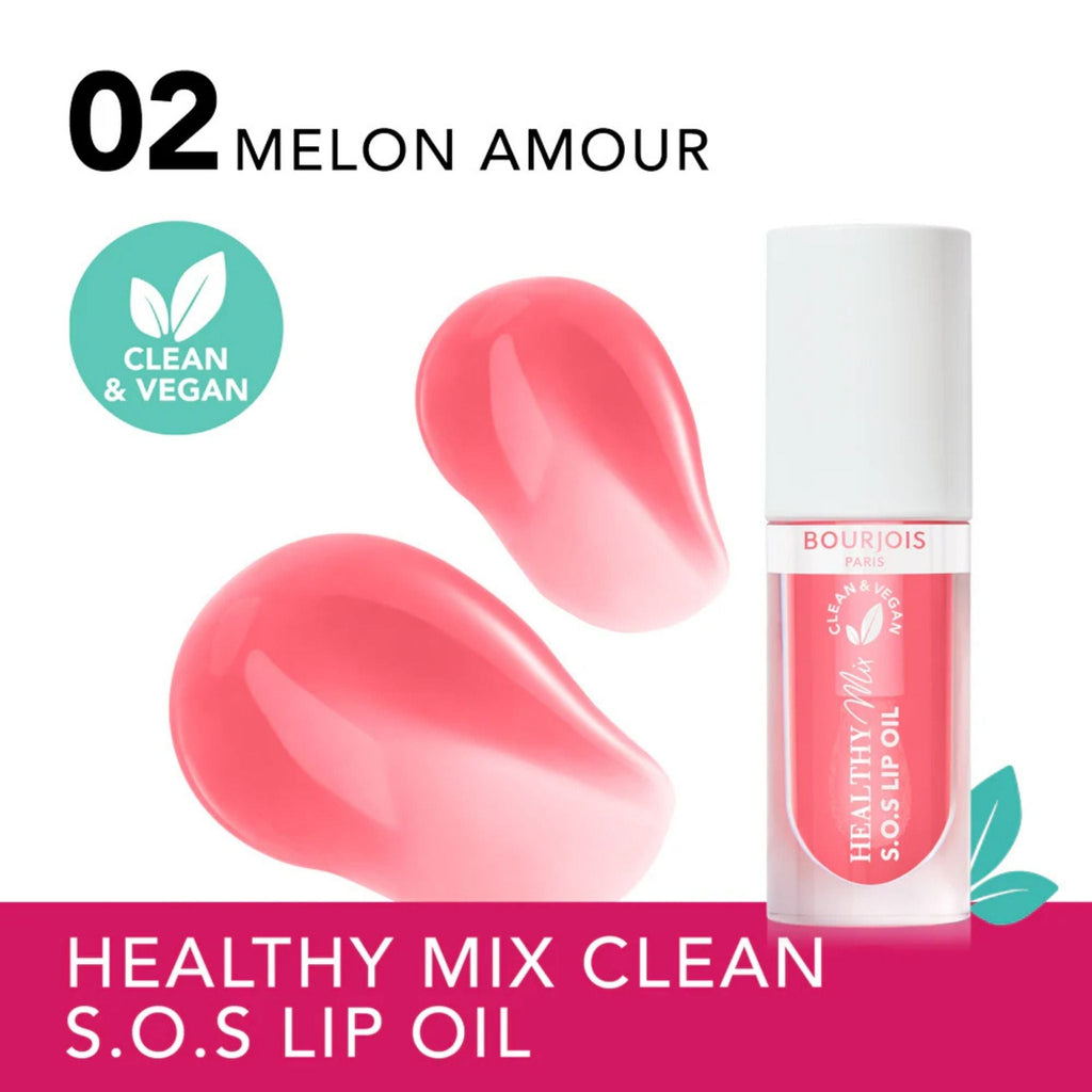 Refect Beauty Bourjois Healthy Mix SOS Lip Oil in Melon Amour shade with glossy pink texture swatches