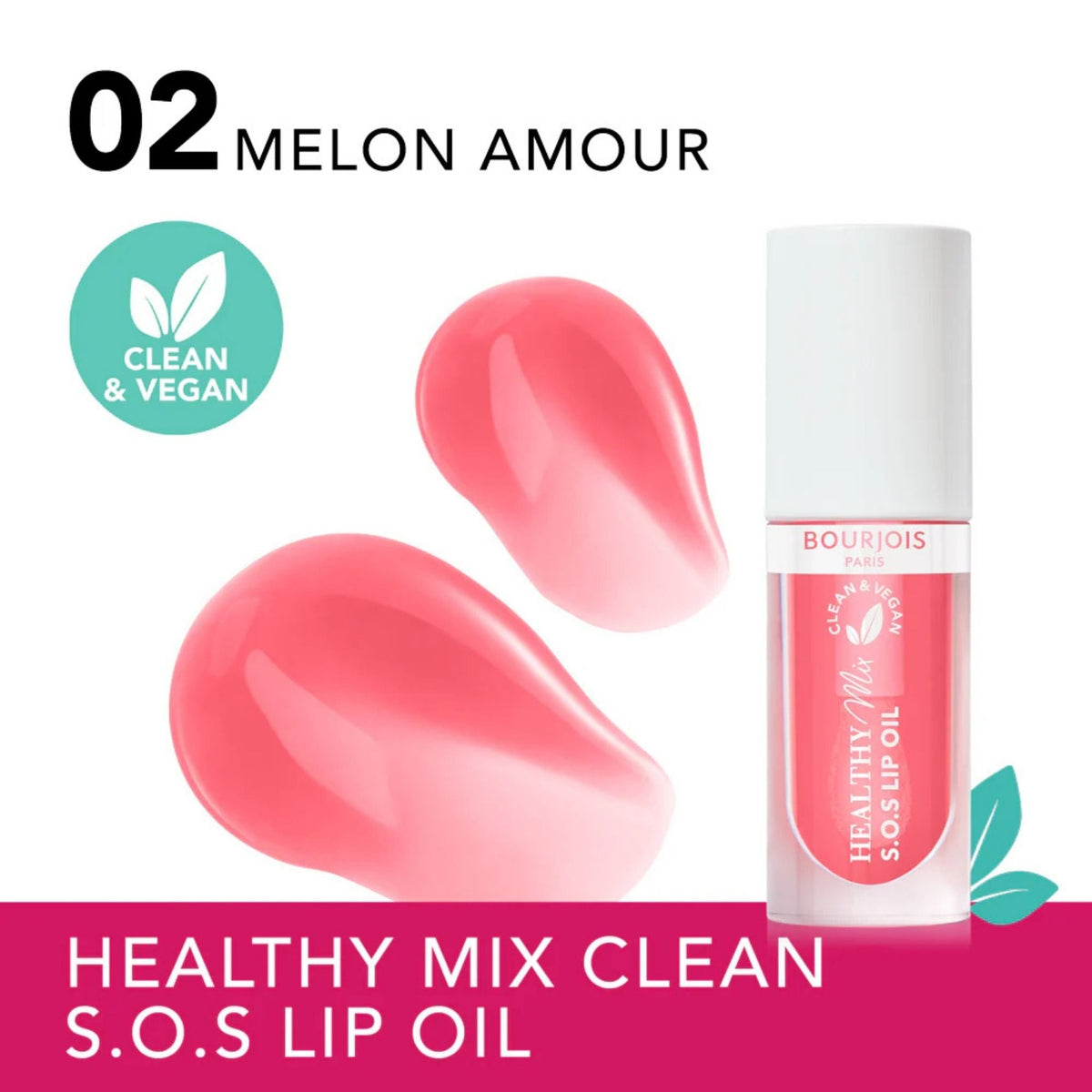 Refect Beauty Bourjois Healthy Mix SOS Lip Oil in Melon Amour shade with glossy pink texture swatches