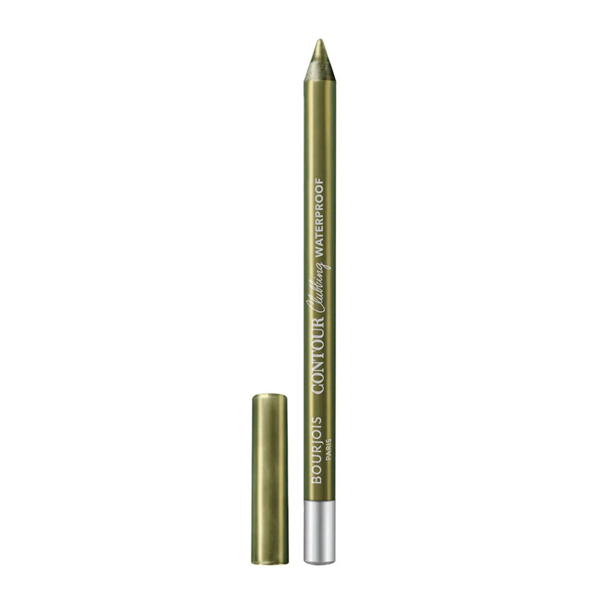 Refect Beauty Bourjois Contour Clubbing waterproof eyeliner pencil in a metallic olive green shade with cap removed.