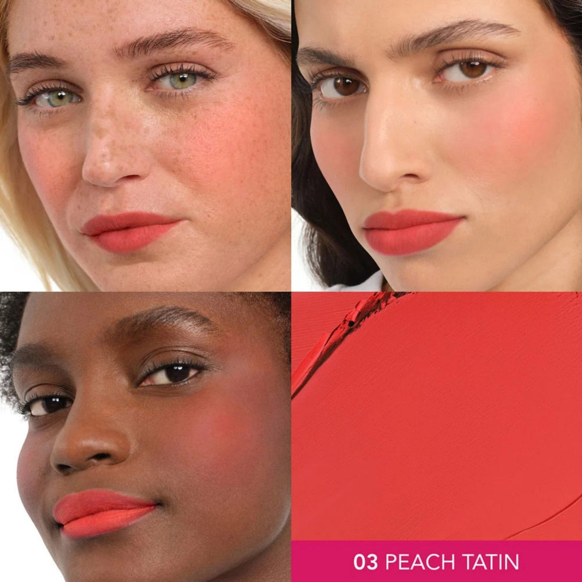 Refect Beauty Bourjois Macaron Melt cream-to-powder blush and lip flush in 03 Peach Tatin on diverse skin tones