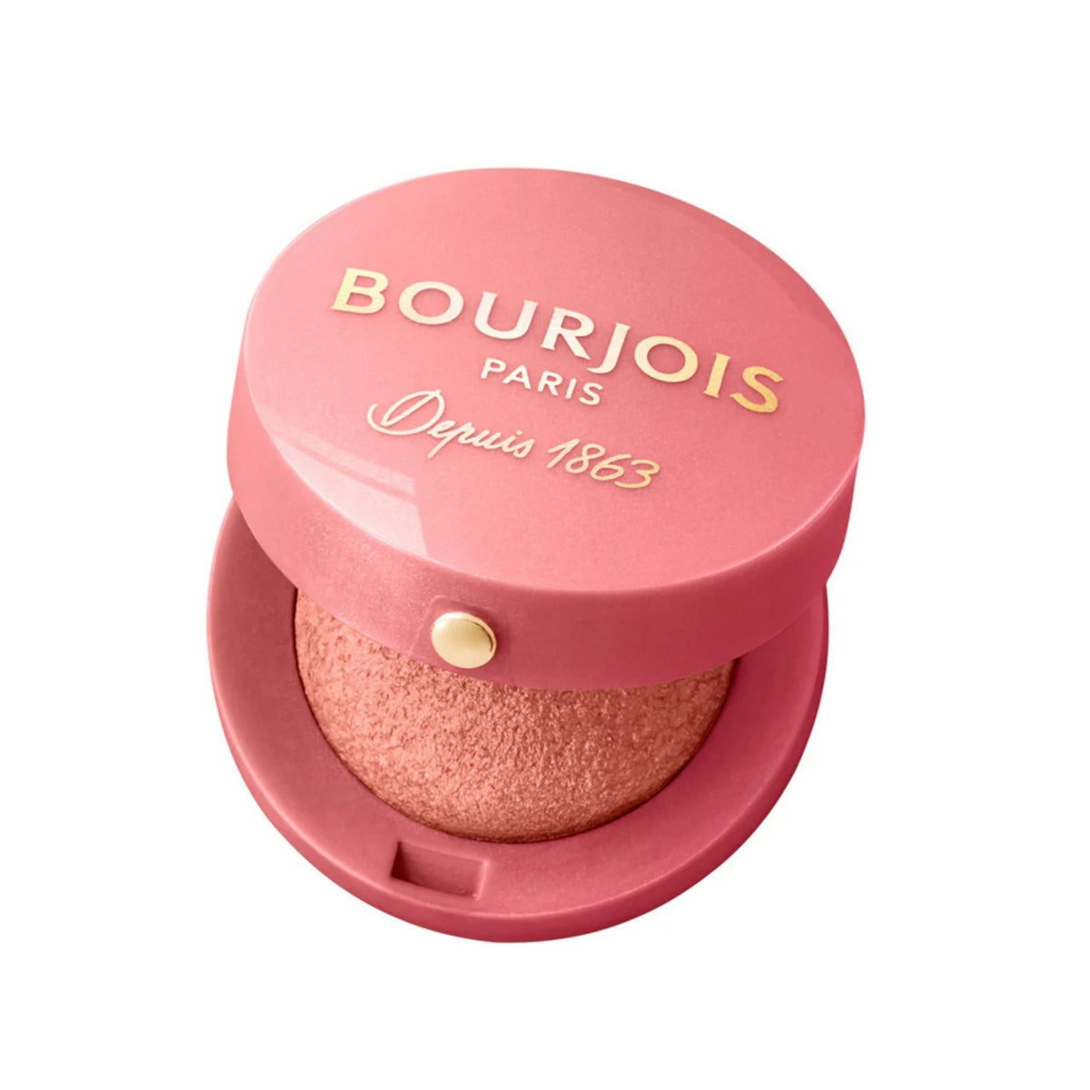 Refect Beauty Bourjois Blush Boite Round in a compact pink case with a shimmering baked powder blush inside