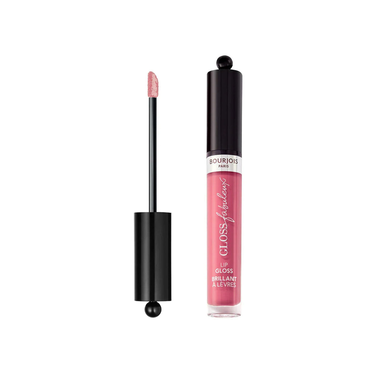 Refect Beauty Bourjois Gloss Fabuleux lip gloss in a pink shade with a doe-foot applicator and black cap.