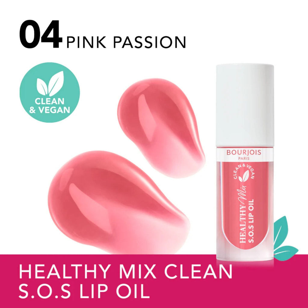Refect Beauty Bourjois Healthy Mix SOS Lip Oil in Pink Passion shade with glossy texture swatches and vegan label.