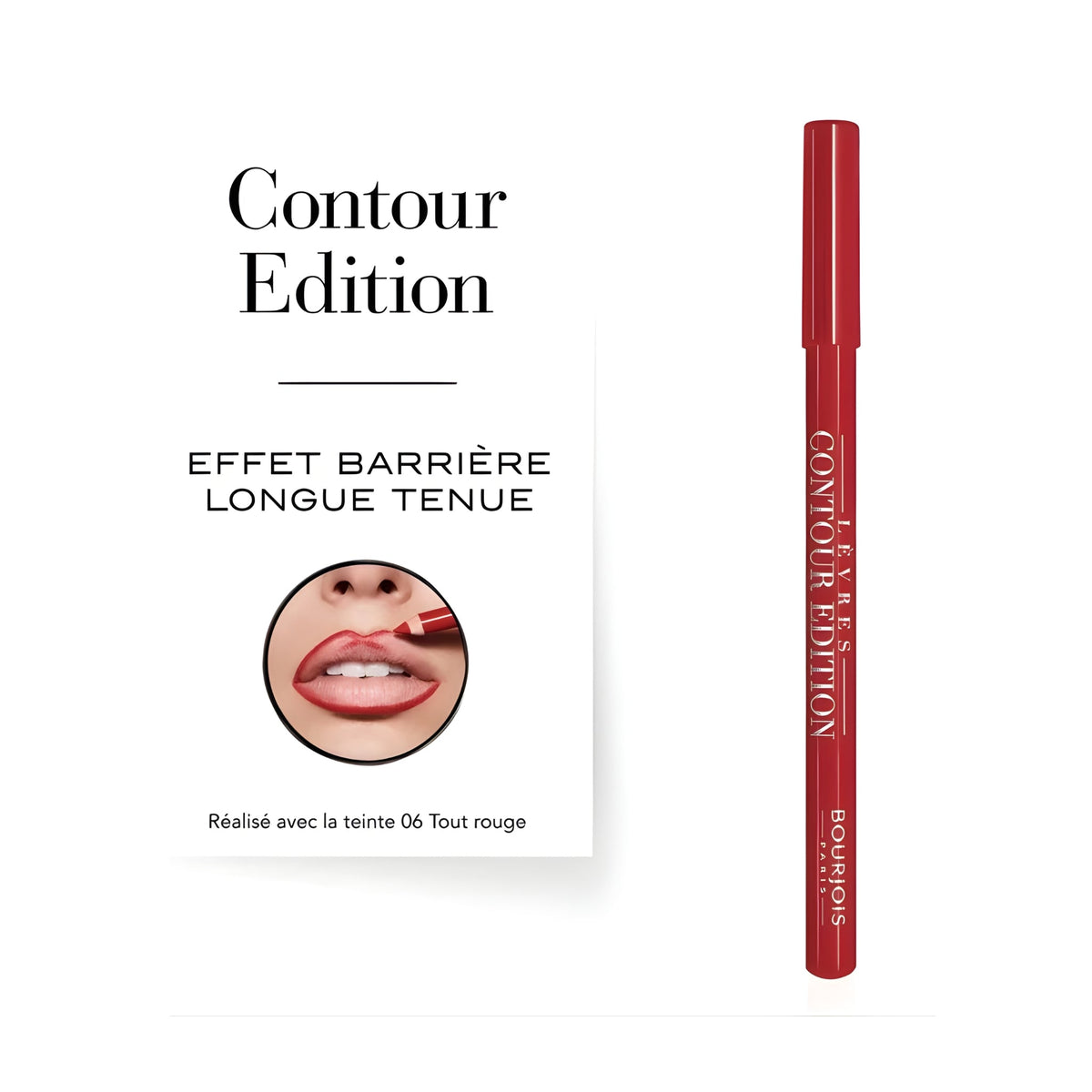 Refect Beauty Bourjois Velvet Contour Lip Liner in shade 06 Tout Rouge with a matte red finish and product packaging.