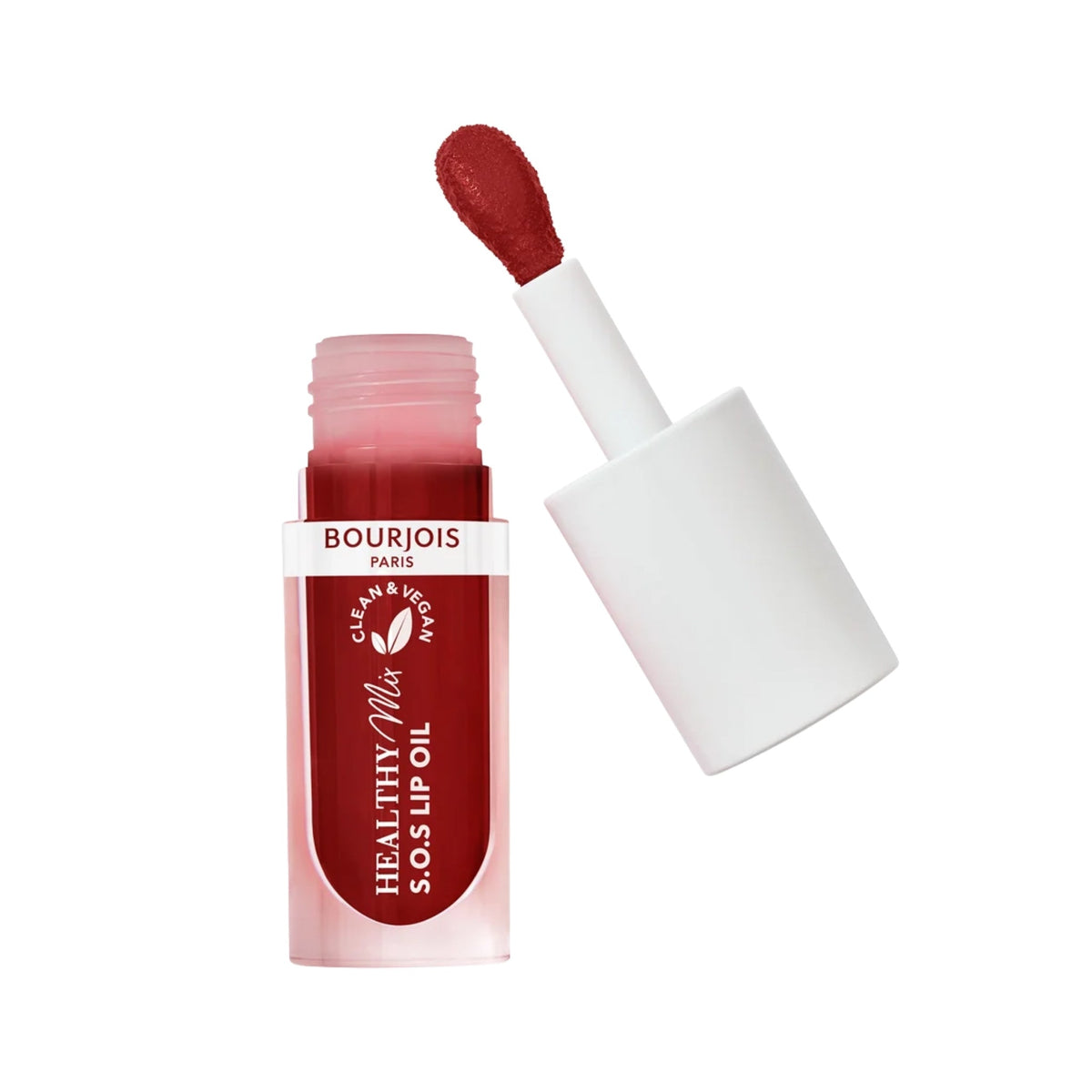 Refect Beauty Bourjois Healthy Mix SOS Lip Oil in a deep red shade with a doe-foot applicator and clear bottle.