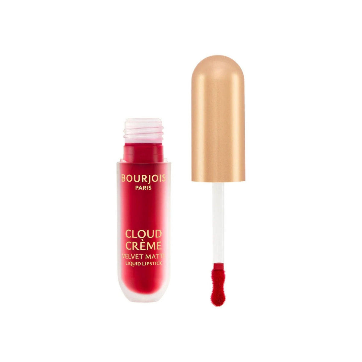 Refect Beauty Bourjois Cloud Crème liquid lipstick in a vibrant red shade with a gold cap and applicator wand