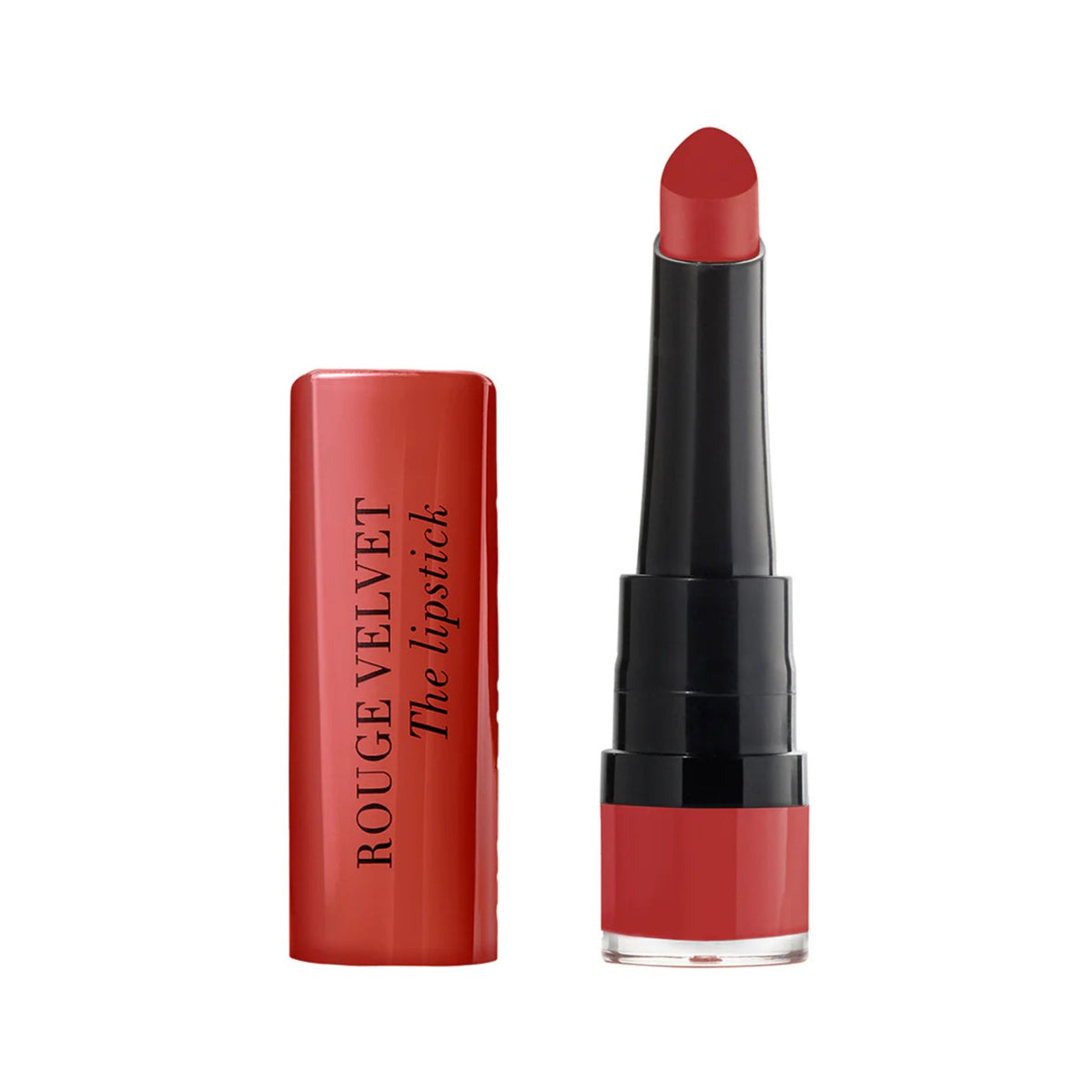 Refect Beauty Bourjois Rouge Velvet The Lipstick in a vibrant red shade with a matte finish and teardrop applicator.