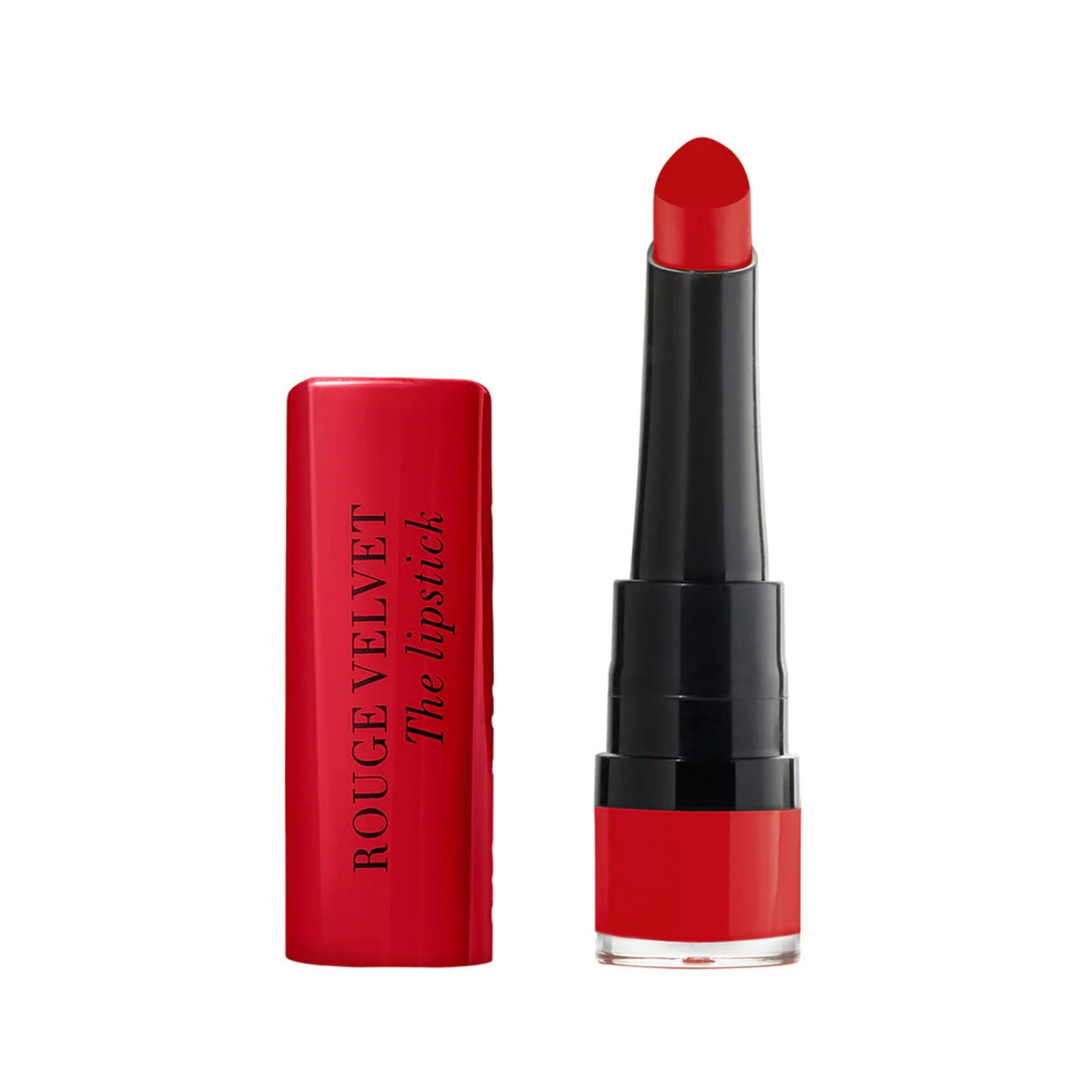 Refect Beauty Bourjois Rouge Velvet The Lipstick in a vibrant red shade with a teardrop-shaped matte finish bullet.