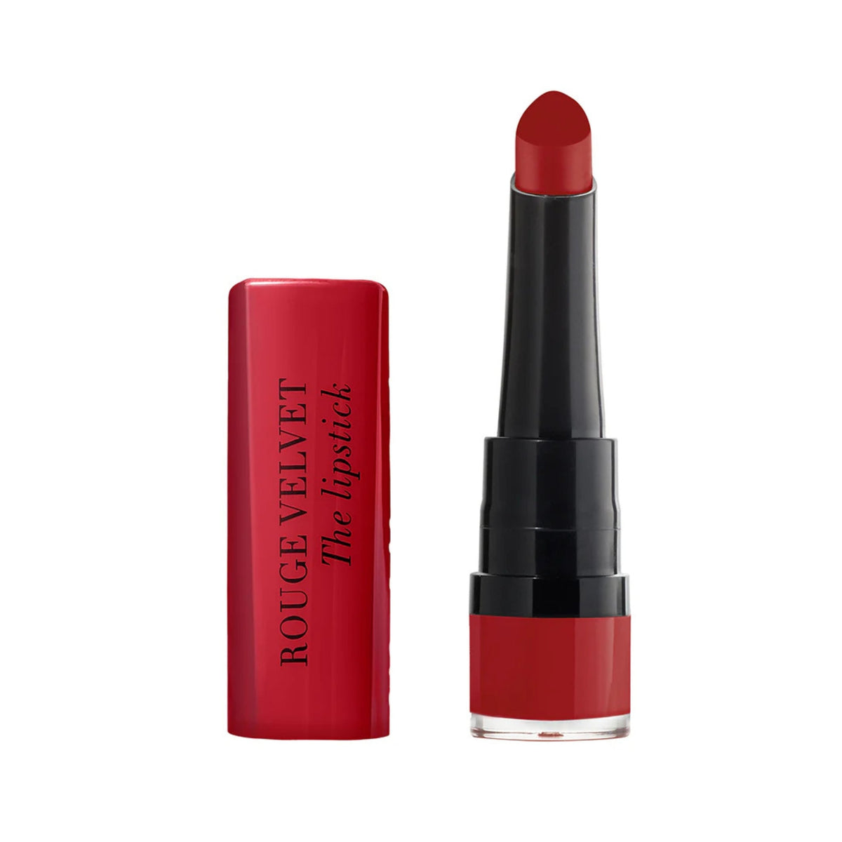 Refect Beauty Bourjois Rouge Velvet The Lipstick in intense red with a teardrop-shaped applicator and matte finish