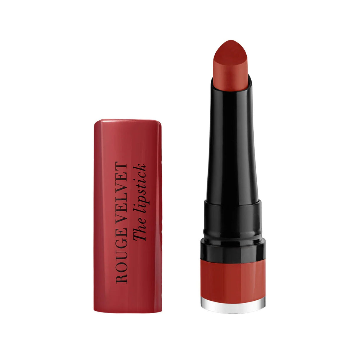 Refect Beauty Bourjois Rouge Velvet The Lipstick in a rich red shade with a teardrop applicator and matte finish.