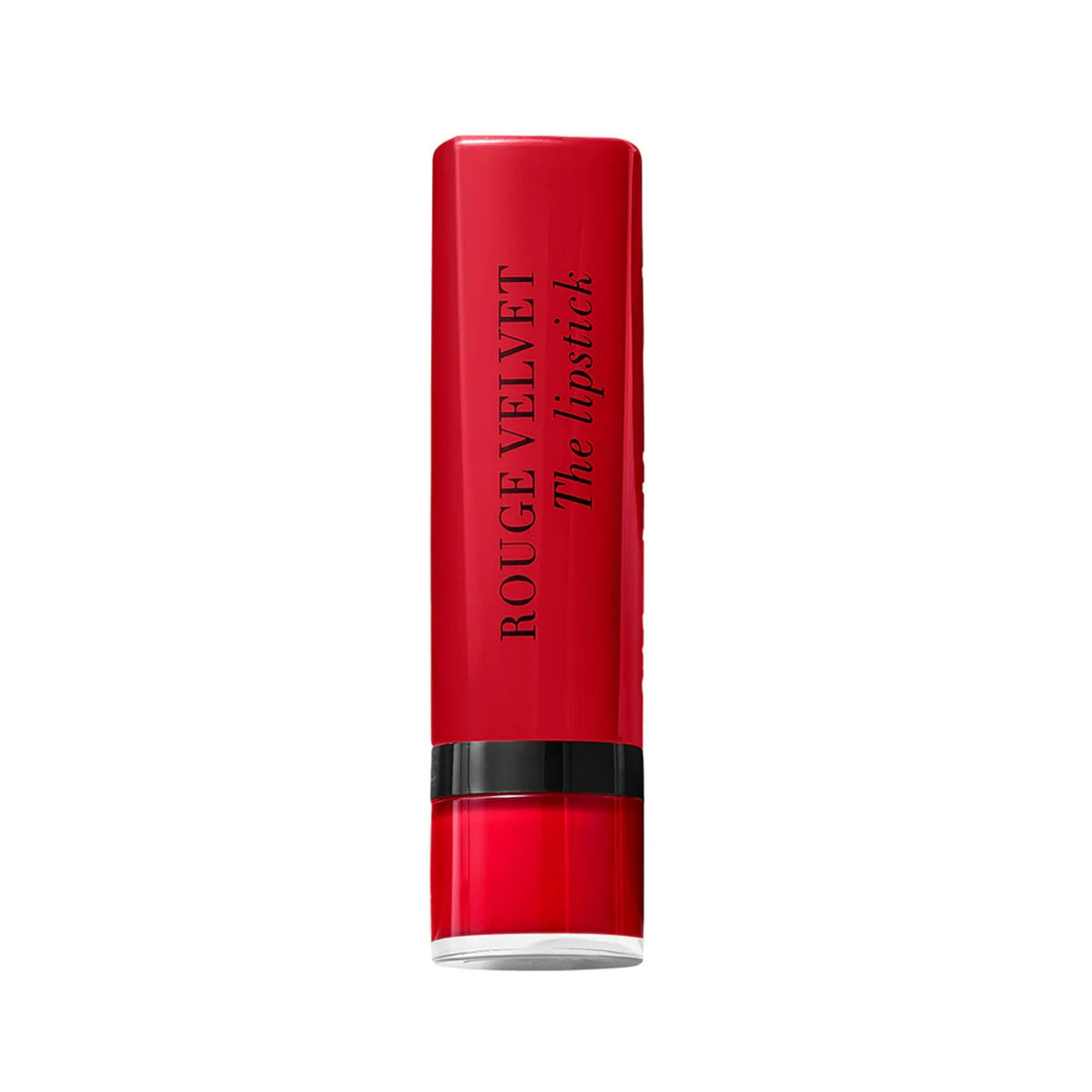 Refect Beauty Bourjois Rouge Velvet The Lipstick in a vibrant red matte finish with a sleek cylindrical case.