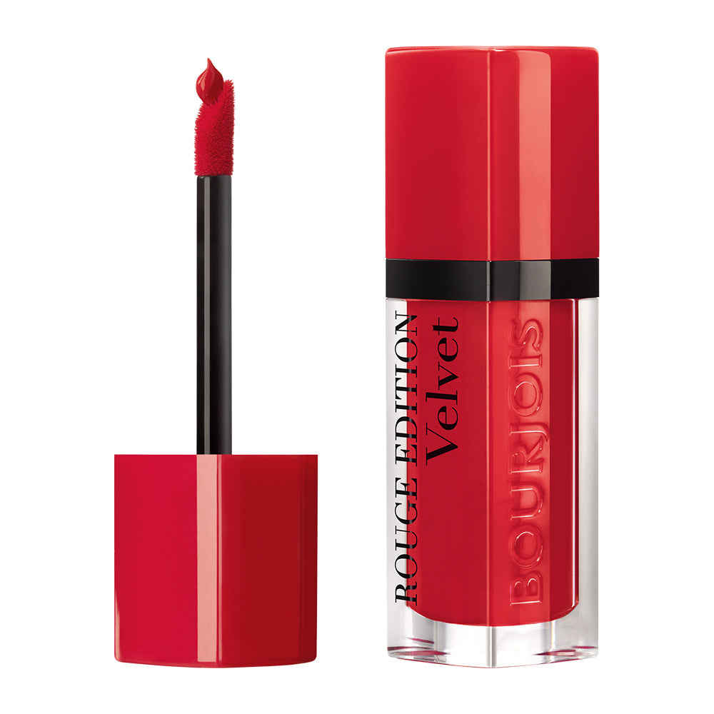 Refect Beauty Bourjois Rouge Edition Velvet liquid lipstick in a vibrant red shade with a doe-foot applicator