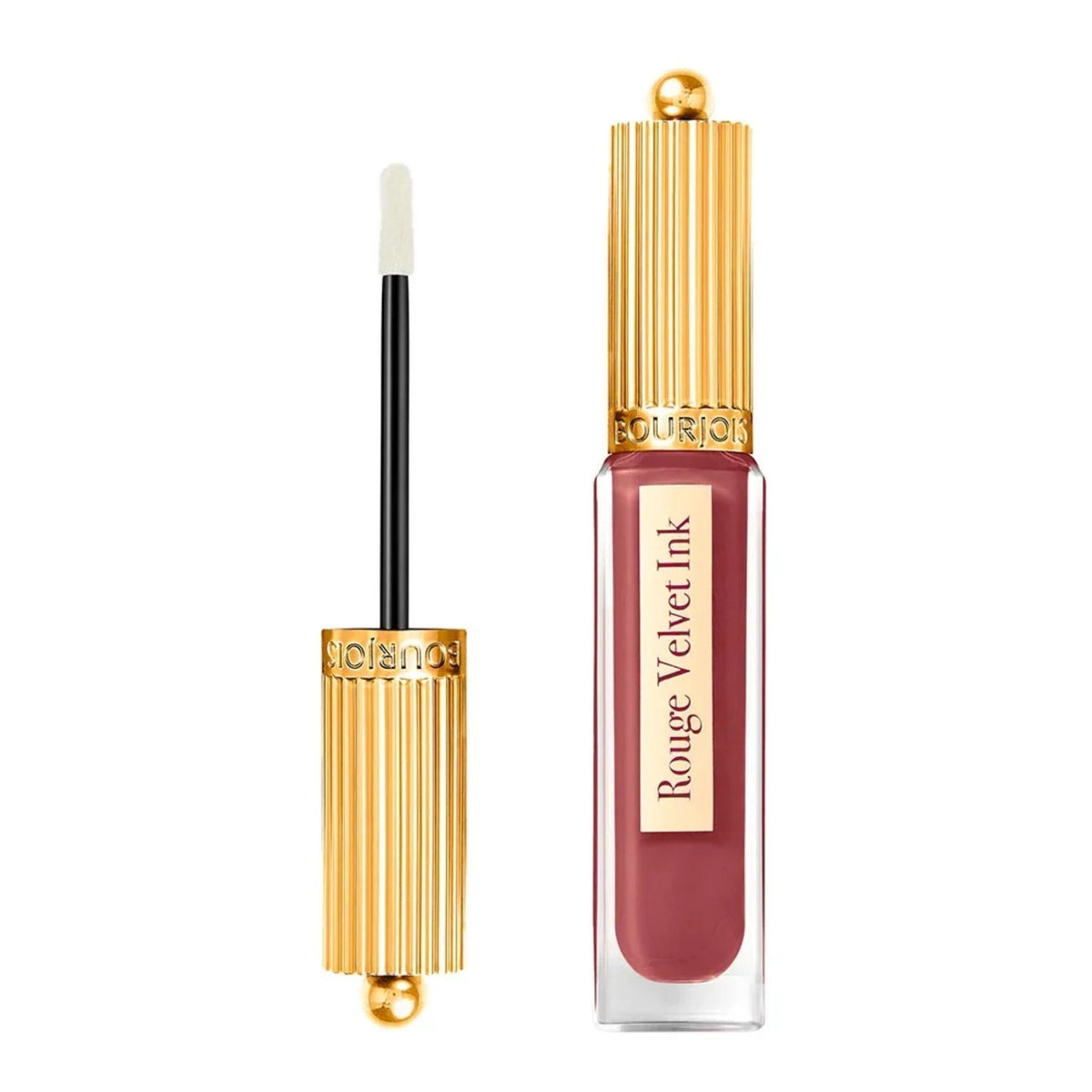 Refect Beauty Bourjois Rouge Velvet Ink liquid lipstick in a mauve shade with a gold cap and doe-foot applicator.