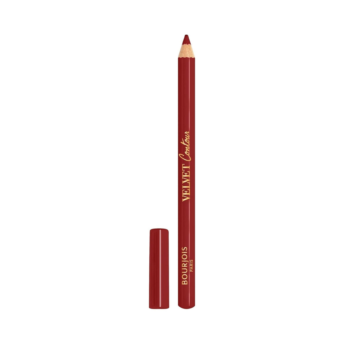 Refect Beauty Bourjois Velvet Contour Lip Liner in a deep red shade with a creamy matte finish and matching cap.