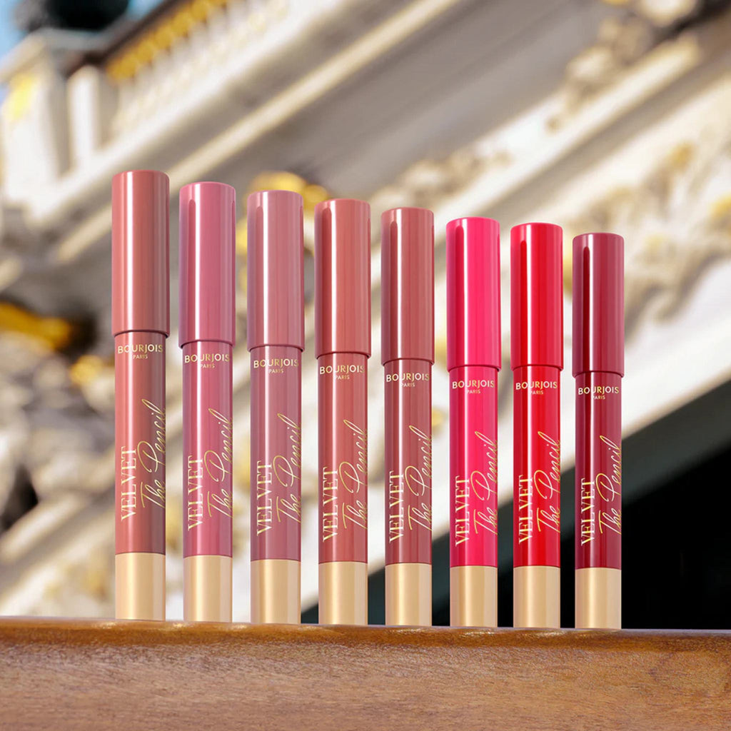 Refect Beauty Bourjois Velvet The Pencil lip crayons in various matte shades lined up on a wooden surface