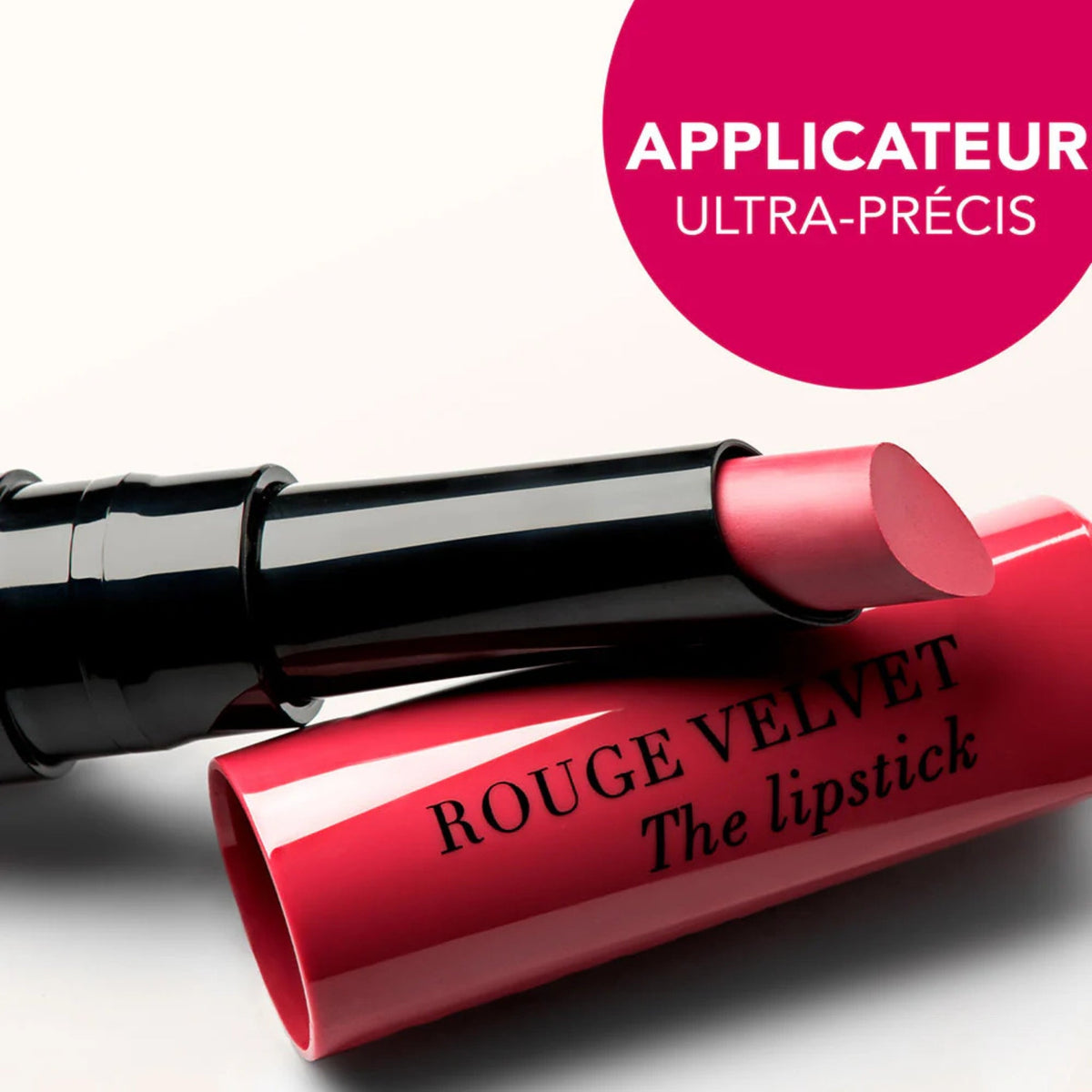 Refect Beauty Bourjois Rouge Velvet The Lipstick in a pink shade with a teardrop-shaped applicator for precise use.